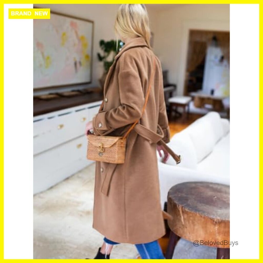 Long Wool Pea Coat Double Breasted Trench Belted Overcoat Below Knee - Picture 4 of 5